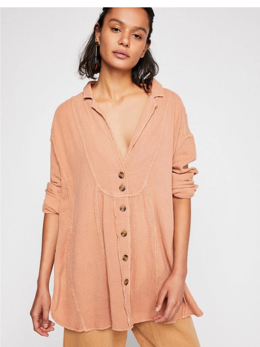 Free People Dusty Peach Button-Front Beach Tunic